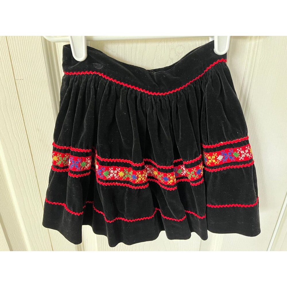Vtg 1960's Girl's Black Velvet Skirt With Handmade Multi Colored Embroidery